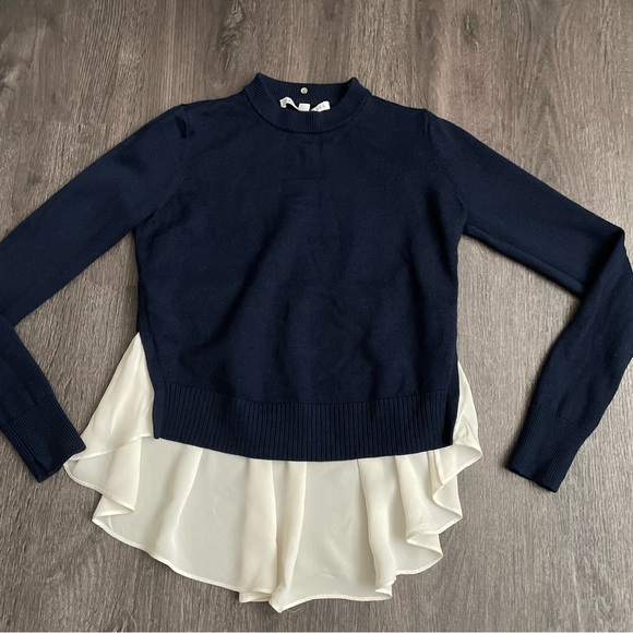 Veronica Beard Navy Top Merino wool Sweater with silk Cream Bow. - Picture 2 of 12